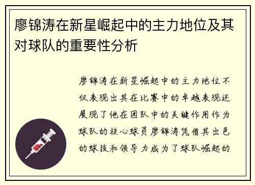 廖锦涛在新星崛起中的主力地位及其对球队的重要性分析